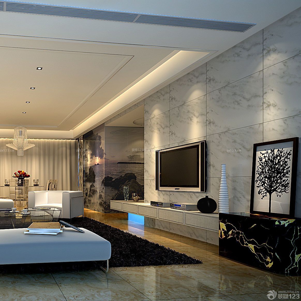 流行时尚40平米客厅全抛釉瓷砖电视背景墙装饰效果图
