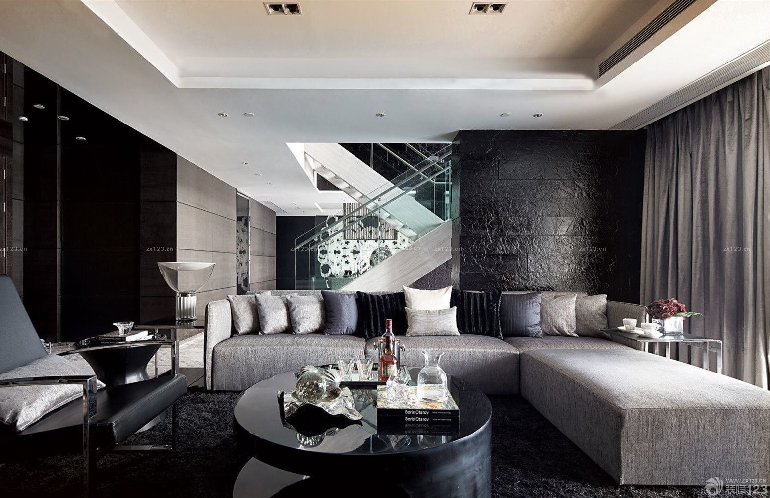 现代风格 跃层客厅装修效果图 多人沙发 跃层房子 