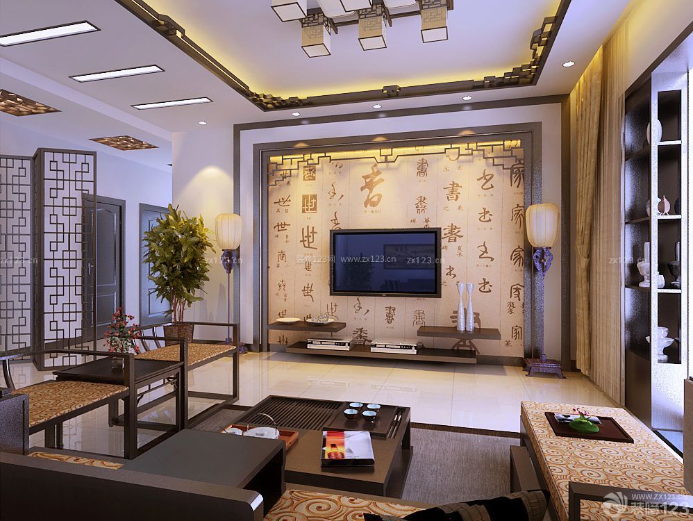 新中式风格正方形客厅家庭电视背景墙装修图