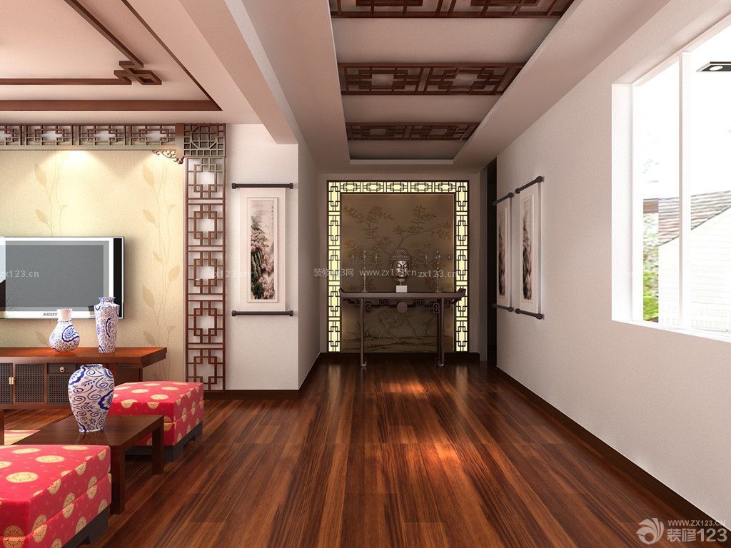 中式风格客厅走廊玄关天花板设计效果图
