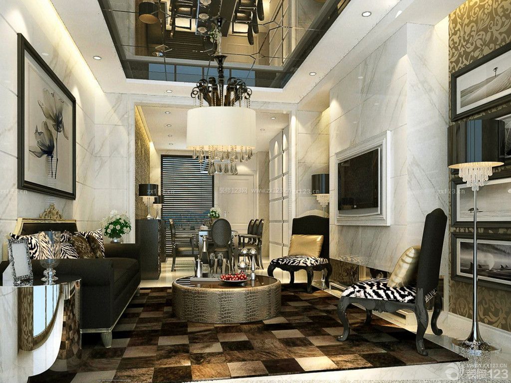 新古典风格两室两厅一卫客厅玻璃天花板设计效果图