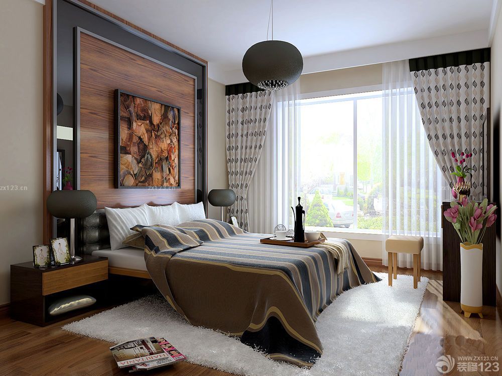 创意后现代风格15平米卧室白色毛毛地毯装饰效果图