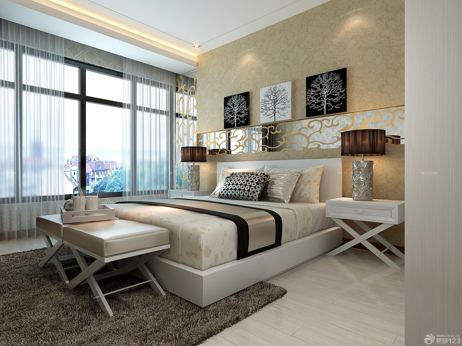 现代温馨小洋房卧室墙衣装修设计效果图