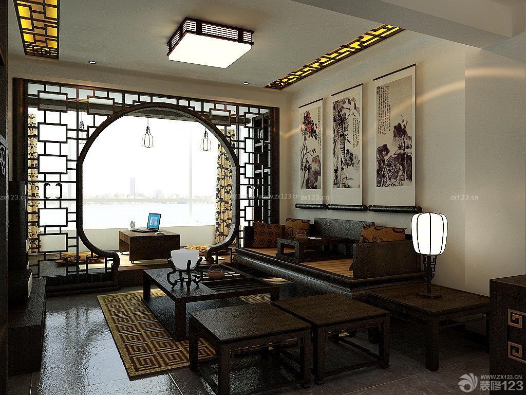 中式风格两室一厅样板房客厅飘窗设计效果图
