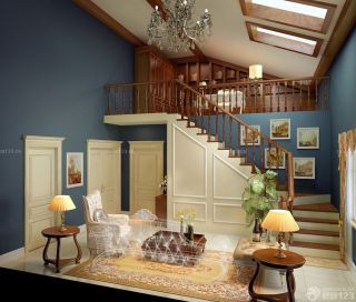 美式混搭风格室内实木楼梯扶手图片