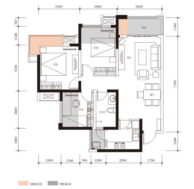 绿地城户型图一期1#楼标准层C1 面积:88.00m2