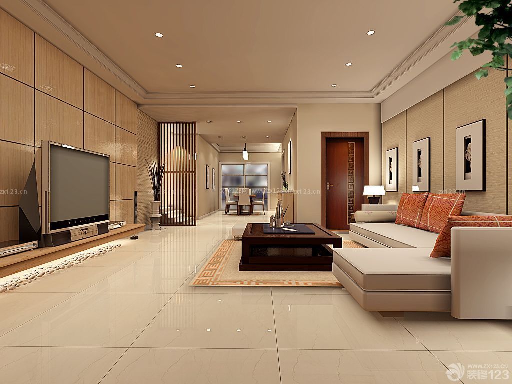 简约现代风格客厅米白色瓷砖装修效果图设计