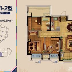 金科中心户型图4\6幢B1-2户型  面积:92.39m2