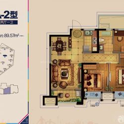 金科中心户型图8幢A-2户型 3室 面积:89.57m2