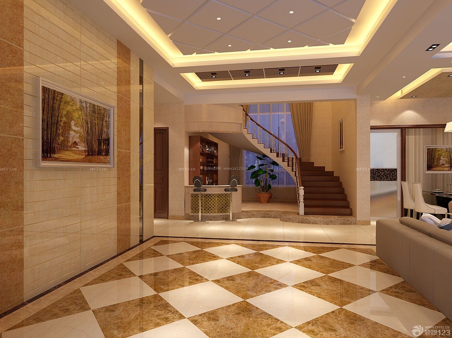 现代风格别墅室内地面瓷砖拼花设计效果图