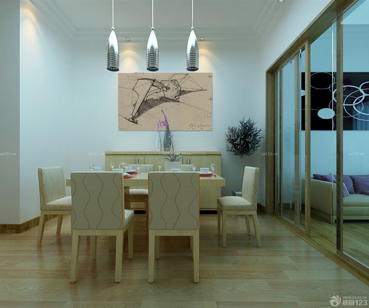 温馨室内客厅与餐厅玻璃隔断门设计实景图
