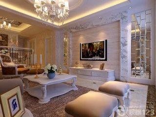 三室一厅现代简约欧式风格休闲区布置电视背景墙图片