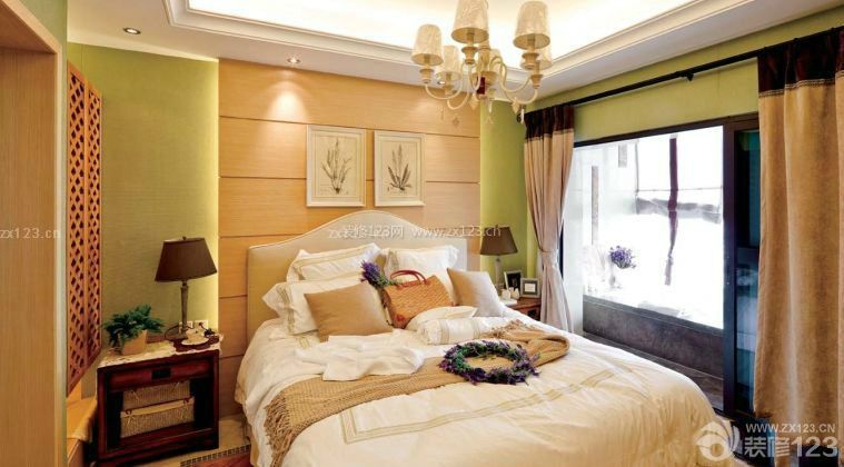 现代中式风格主卧室床头背景墙装修效果图