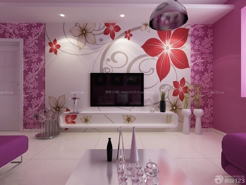 现代温馨客厅电视背景墙绘设计效果图