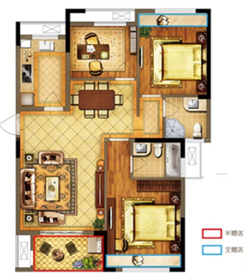 禹洲中央广场户型图1-3A#楼B2户 面积:113.97m2