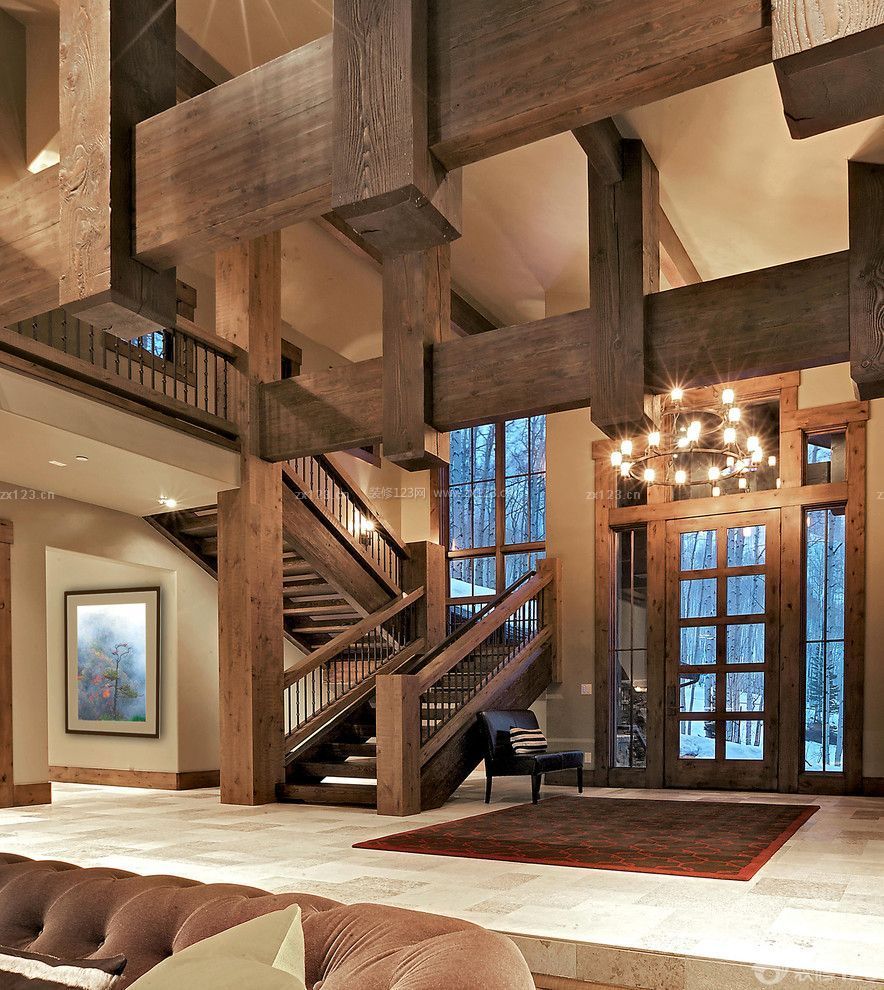 现代美式混搭风格实木楼梯扶手设计图片