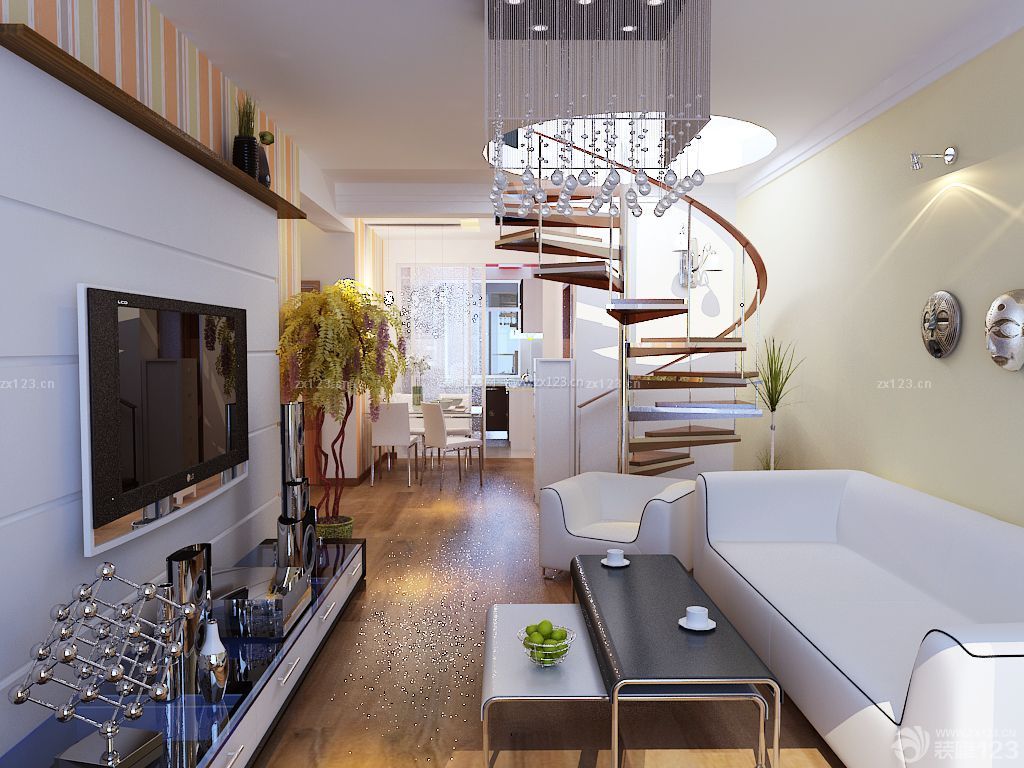 现代简约室内阁楼旋转楼梯设计效果图