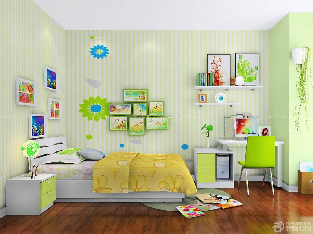 现代简约风格儿童房绿色条纹墙纸设计图片大全