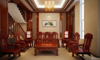 中式别墅实木楼梯扶手设计实景图