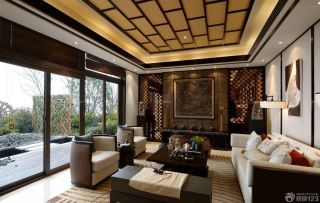 新中式风格最新客厅实木吊顶装修图片