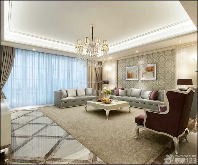简约欧式风格正方形客厅组合沙发花纹壁纸图片