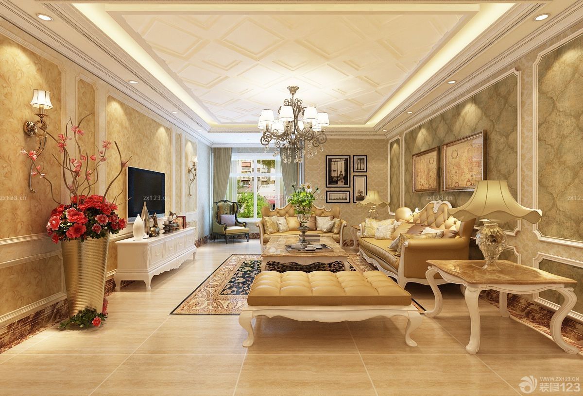 欧式家装设计长方形客厅组合沙发背景墙装饰图