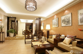 中式仿古装修效果图 时尚客厅 组合沙发 背景墙装饰