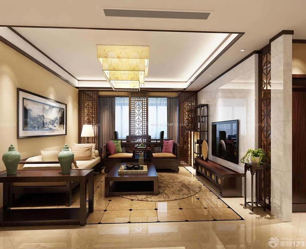 简约中式风格客厅瓷砖拼花设计效果图