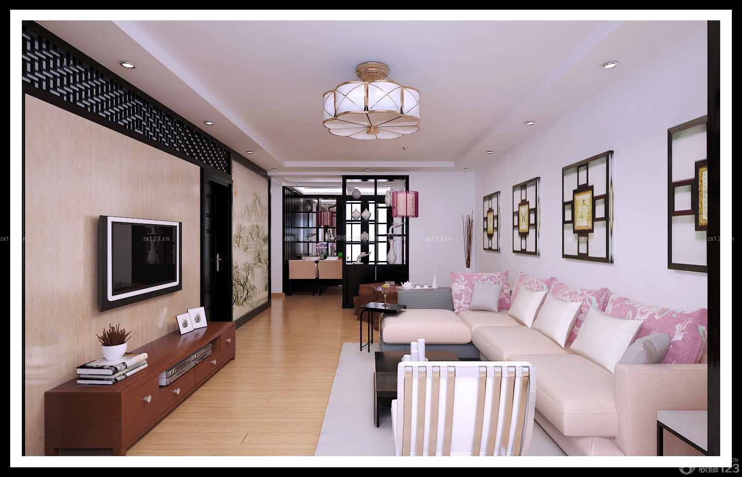 新中式风格三室两厅时尚客厅多人沙发背景墙装饰效果图