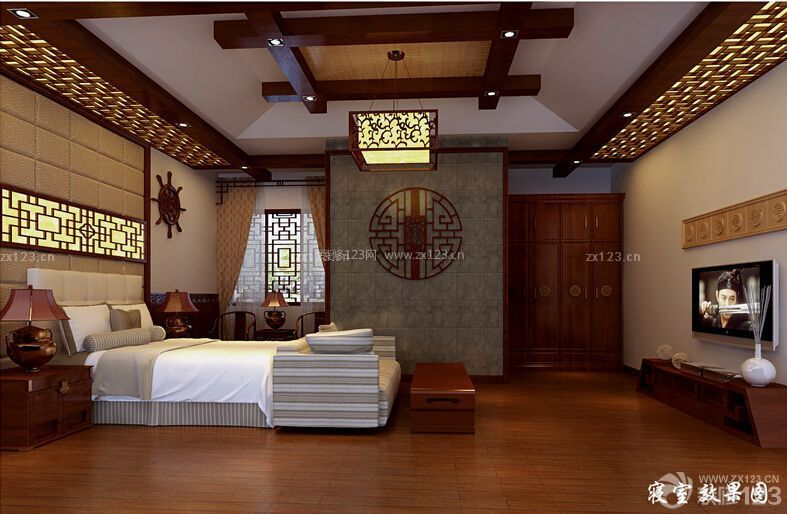 中式仿古装修效果图 大卧室 三室两厅 实木吊顶