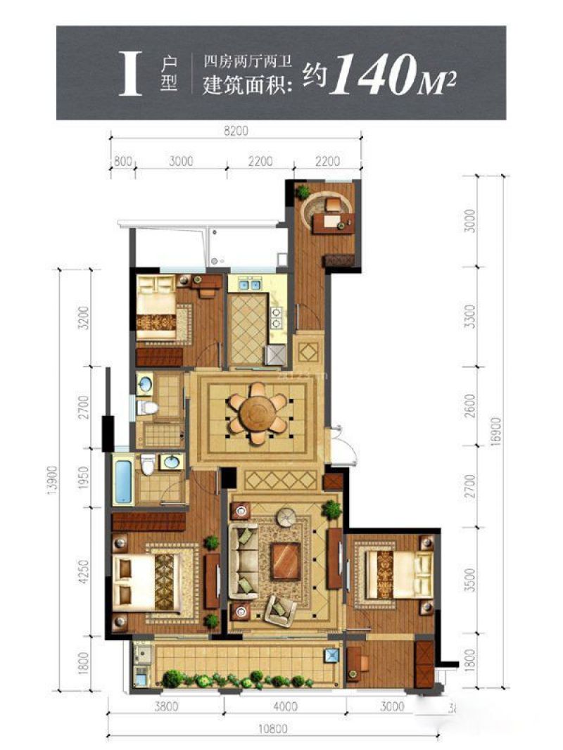 荣安中央公园户型图I户型 4室2 面积:140.00m2