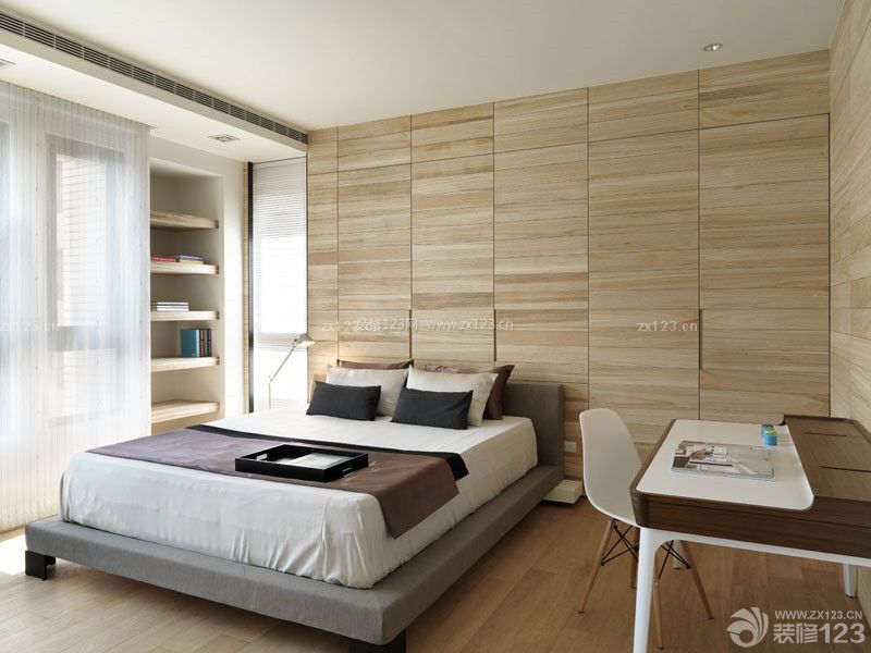 现代设计风格卧室装修设计木质背景墙图