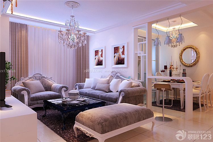 欧式家装设计效果图 三室一厅 时尚客厅 组合沙发 背景墙装饰