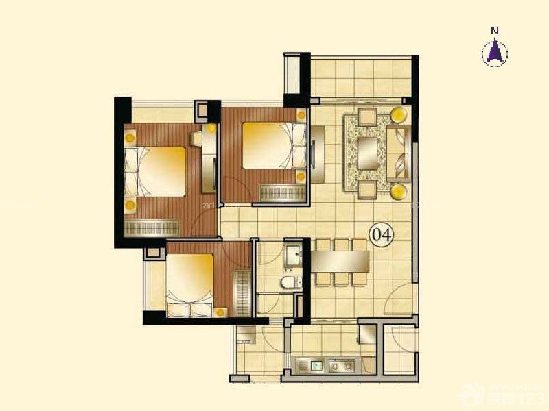 合景天峻户型图A3栋04户型 3室 面积:90.00m2