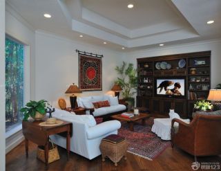 美式风格客厅红木博古架装修实景图