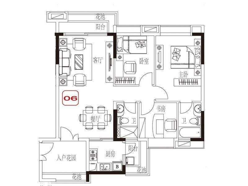 芙蓉春晓户型图6栋06户型 3室2 面积:96.43m2