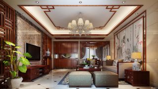 中式风格设计豪华客厅木质吊顶艺术灯具图