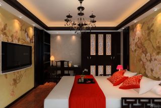 新中式风格卧室颜色搭配双人床背景墙壁纸图