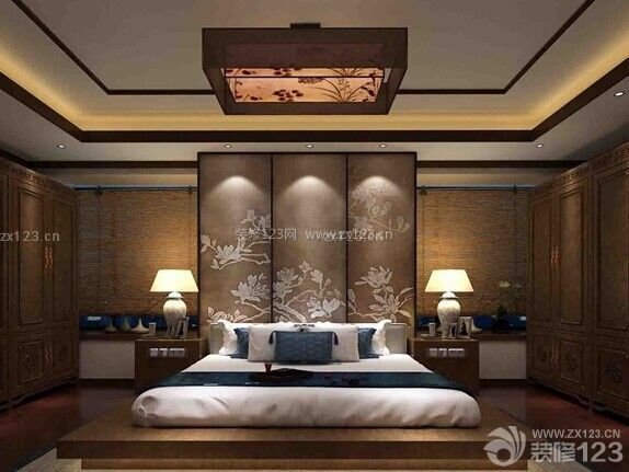 新中式风格 三室两厅 主卧室 背景墙设计