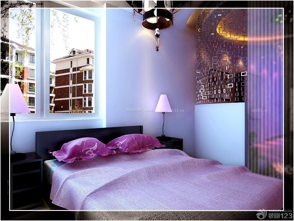 红紫色现代简约风卧室颜色搭配双人床布置图