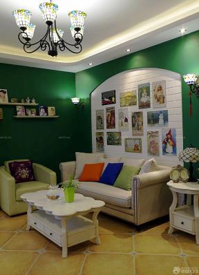 韩式田园风格大客厅绿色墙面设计效果图