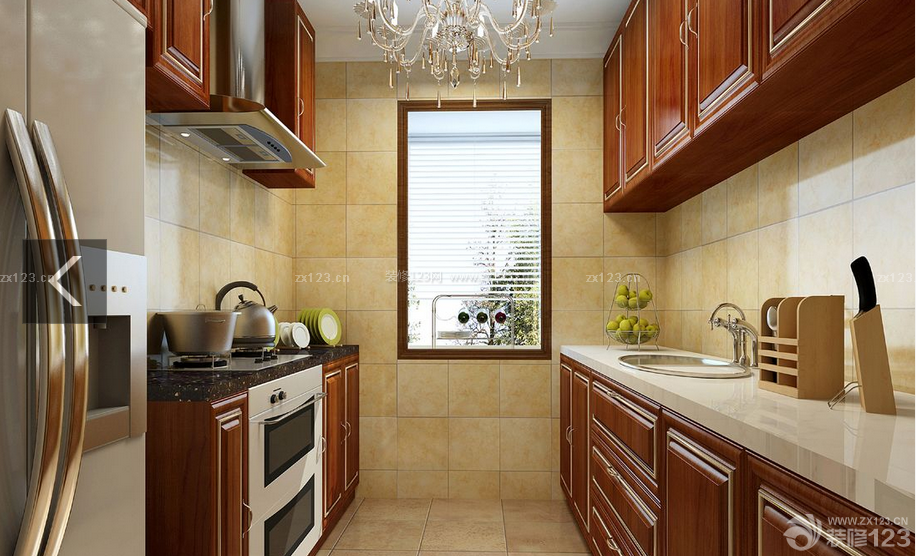 130平方 美式家装效果图 美式厨房装修效果图 原木橱柜 