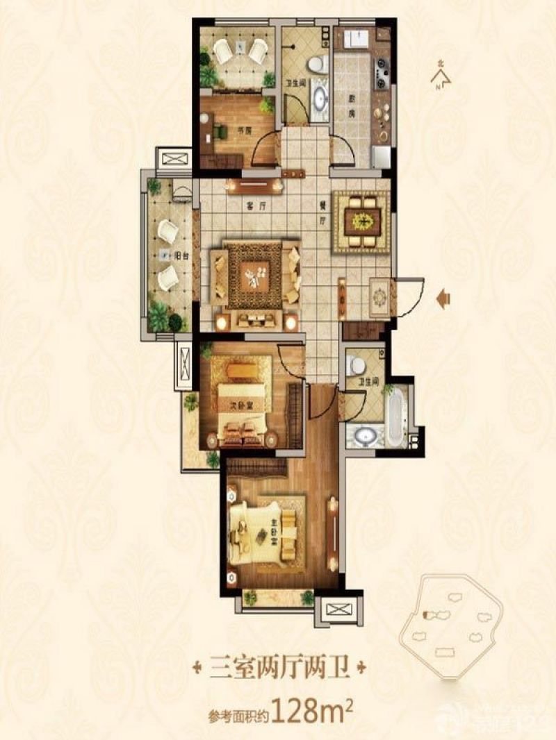 国信紫云臺户型图2#6#楼西户a1 面积:128.00m2
