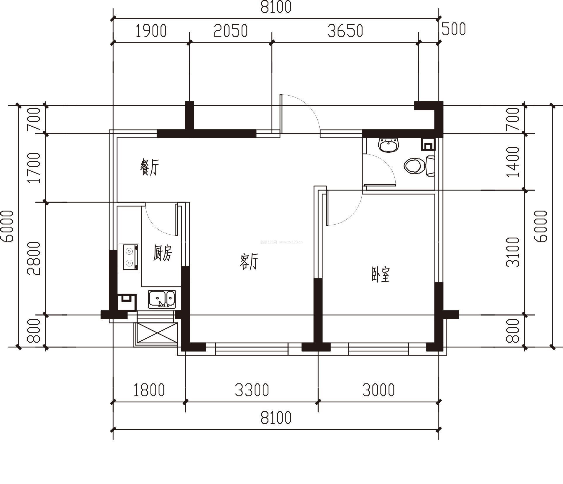 一室两厅单身公寓户型图
