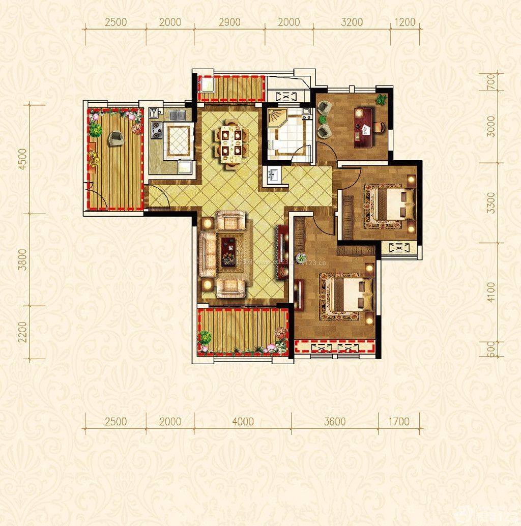 胶州田园风格88平米设计方案 三房两厅一卫户型图