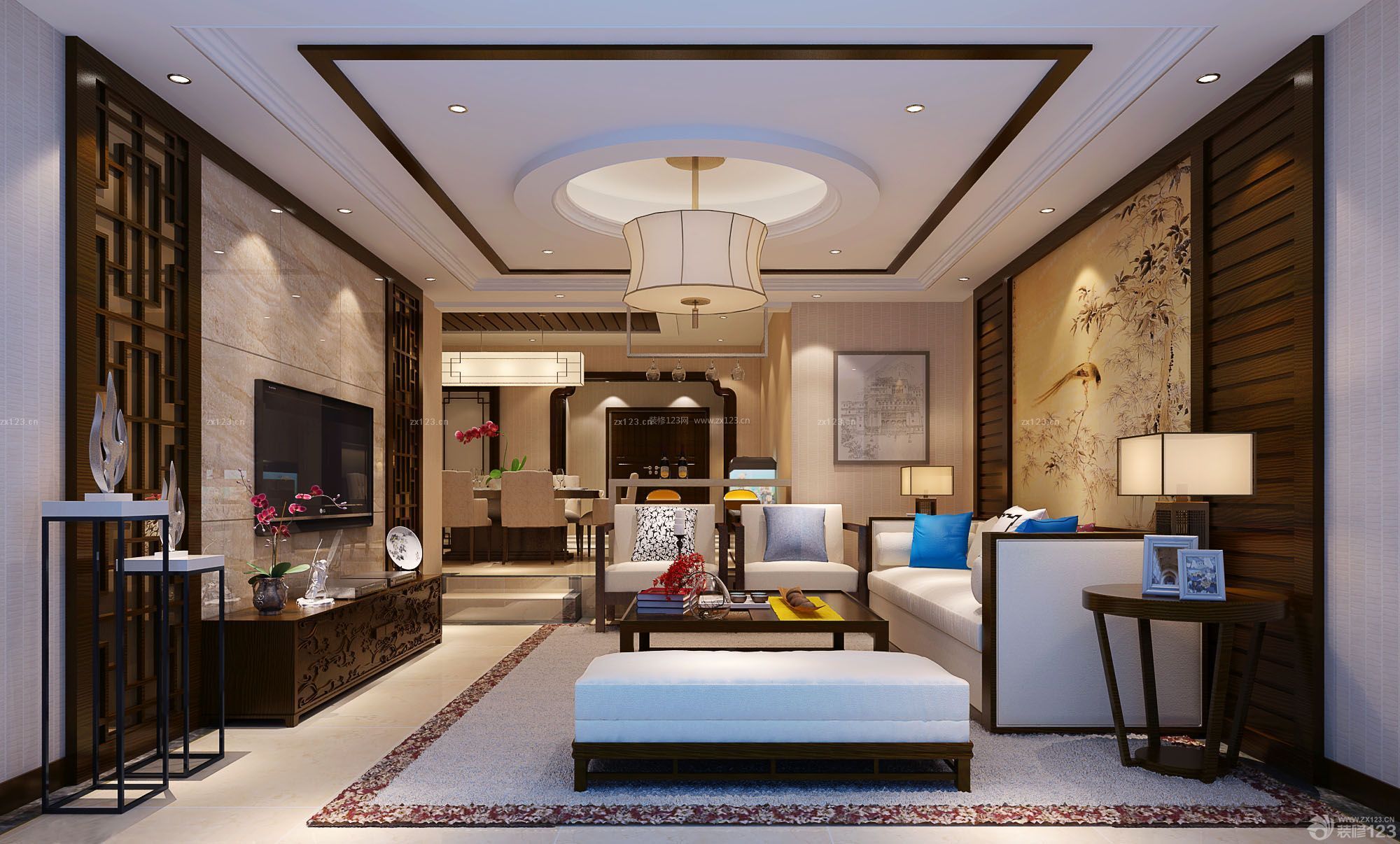 中式简约风格家庭客厅装修效果图