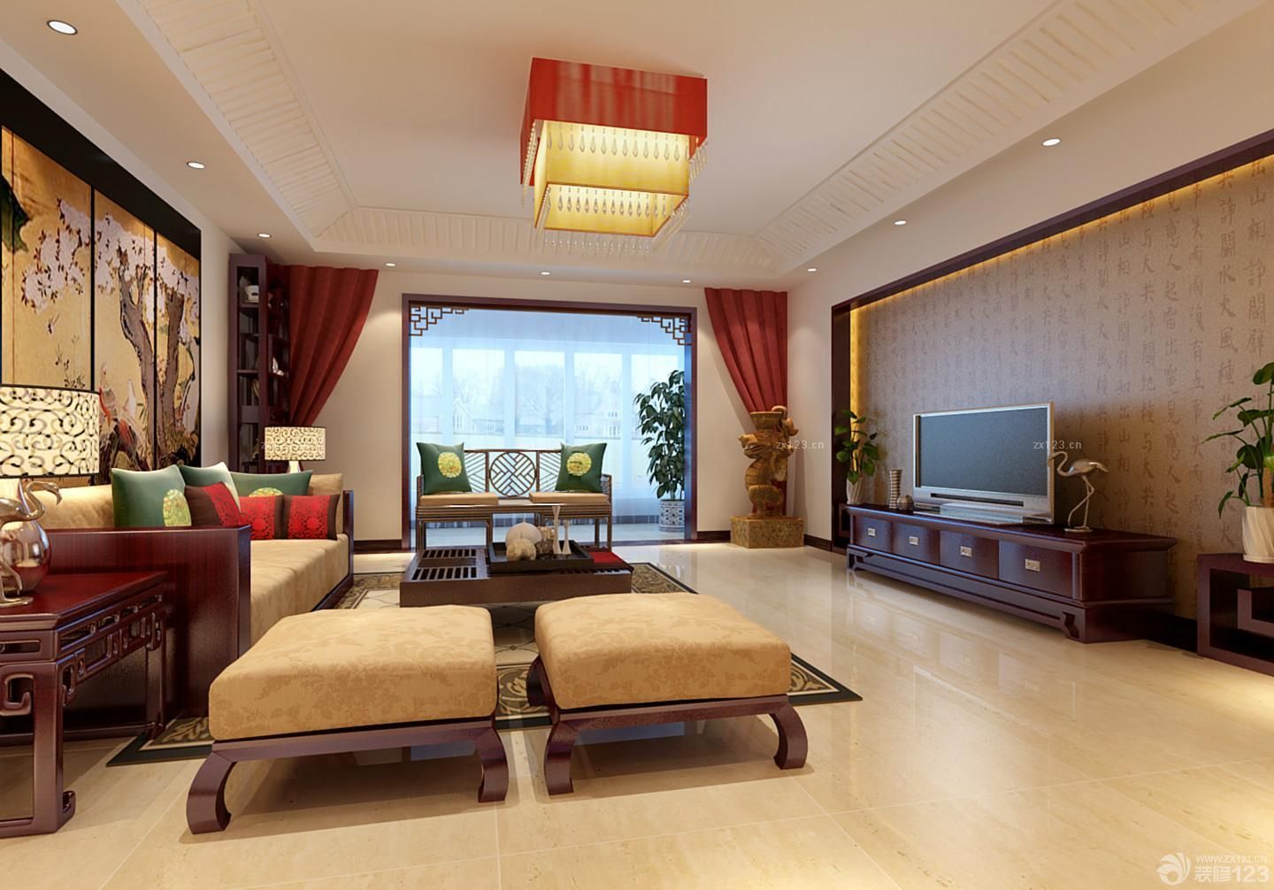 简约家装中式客厅吊顶设计案例_装修123效果图