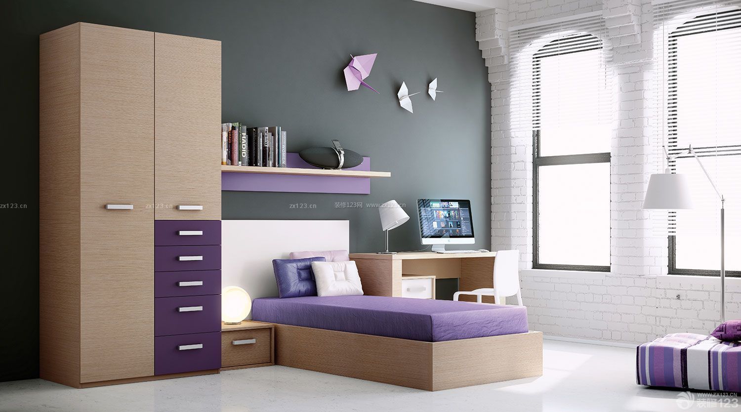 紫色现代简约风格床装修图片