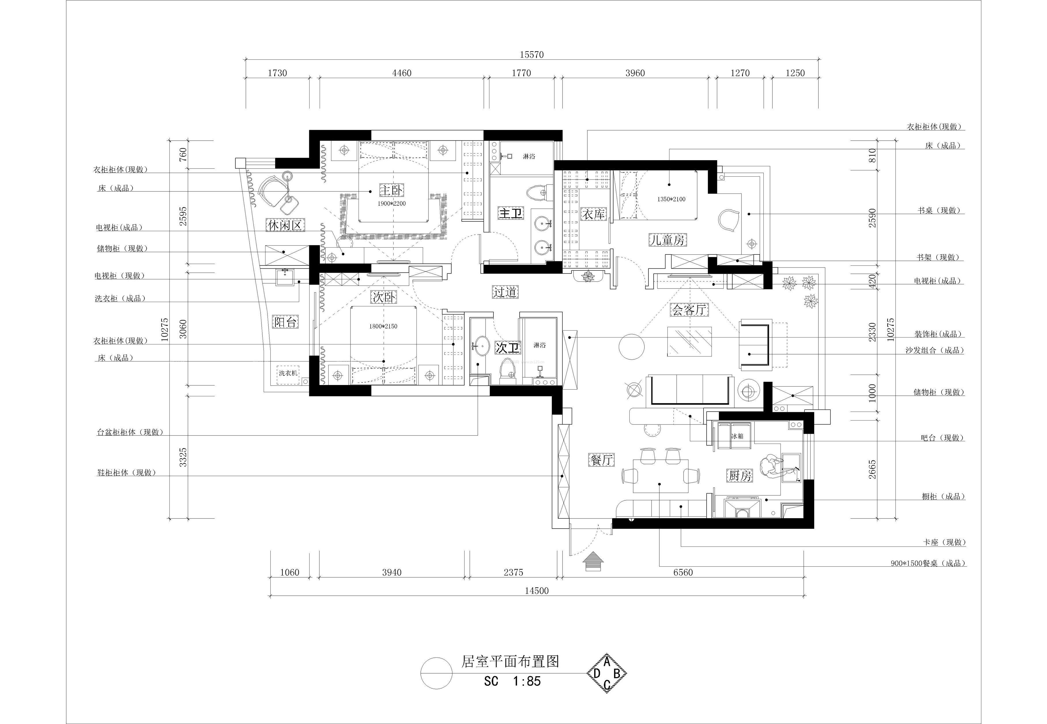 156平米三居室房屋户型图_装信通网效果图