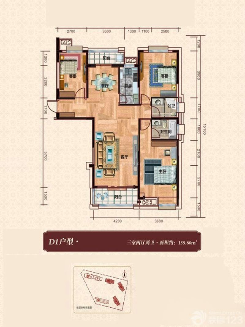 金湖湾户型图2,4号楼d1户型 3 面积:135.60㎡